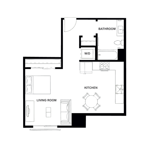 Floor plan for studio, 1 bath, 569 sqft